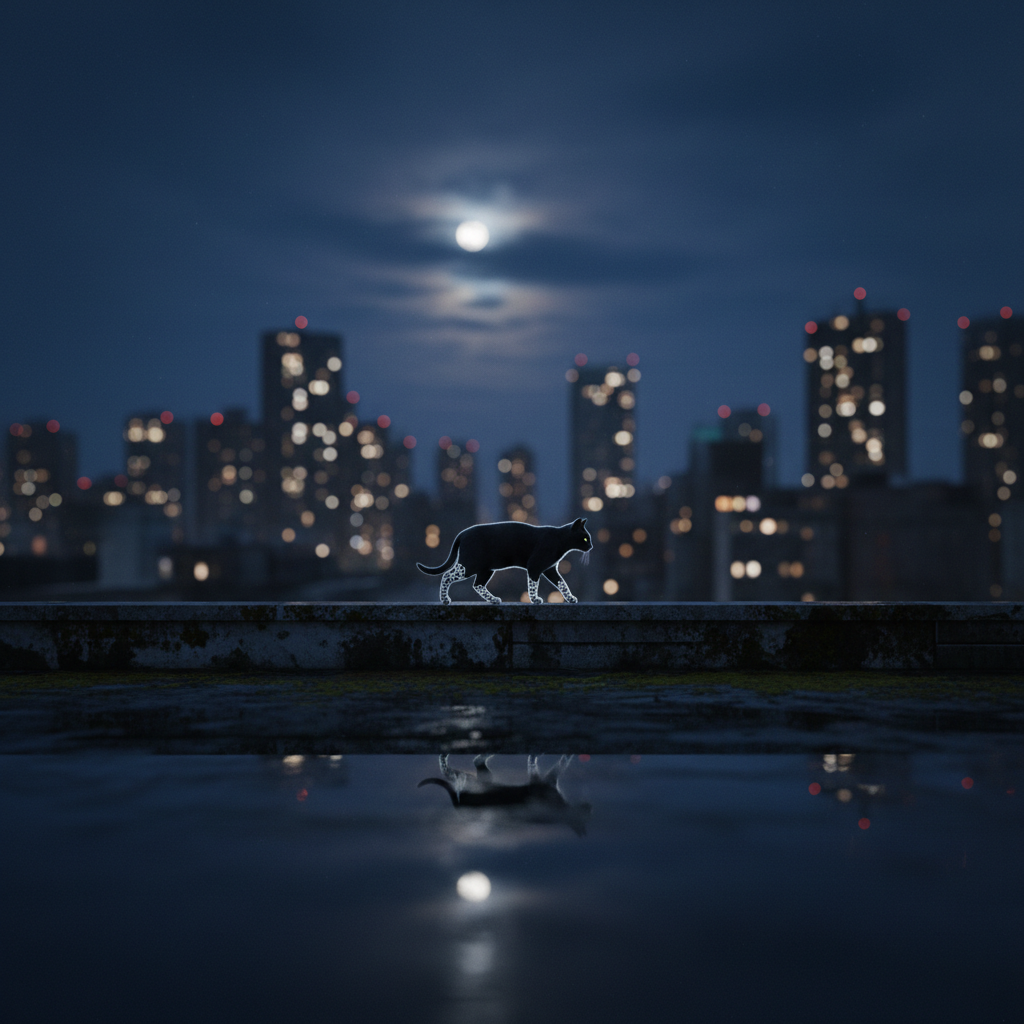 An abandoned city rooftop at midnight, slick with a faint sheen of rain, stretching out beneath a deep indigo sky. At the center, a solitary black cat with white lace-like paws walks along the parapet, its fur catching a thin rim of moonlight. Behind it, distant high-rise windows glow softly, blurred into bokeh, like captured fragments of other people’s dreams. Photographic realism with a cinematic, wide-angle composition, low perspective near the rooftop surface, emphasizing the cat’s silhouette against the vast sky. The atmosphere is sophisticated, contemplative, and slightly surreal, as if the city itself were dozing.