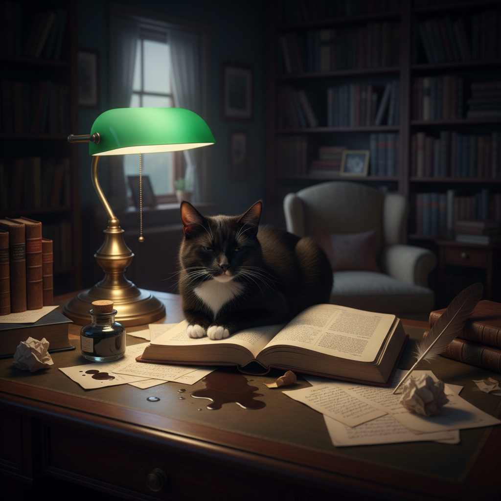 Inside a small, book-lined study, a heavy wooden desk is strewn with an open leather-bound journal, an ink bottle, and scattered handwritten pages. On the journal, a black cat with a white crescent chest and delicate white paws has curled, its eyes half-closed as if listening to someone’s unwritten story. A single desk lamp with a warm golden bulb casts focused light over the paper texture and the glossy ink, while the rest of the room sinks into cool shadow. Photographic realism, medium close-up shot, shallow depth of field on the cat and journal, evoking intimate, nocturnal inspiration for a literary project.