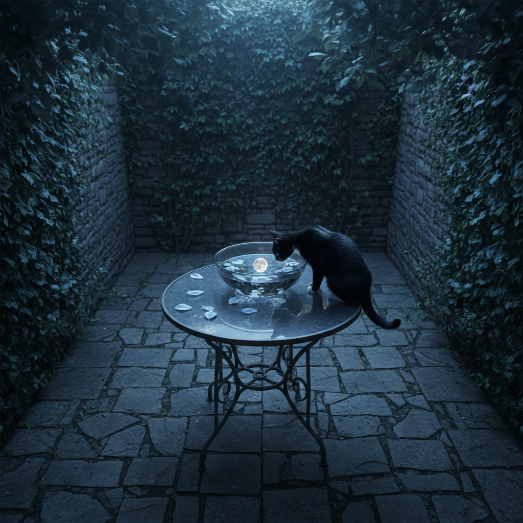 A quiet garden at night, enclosed by high stone walls overgrown with ivy. In the center, a wrought-iron table holds a glass bowl of still water reflecting a perfect, miniature moon. A black cat with a white moonlit chest leans toward the bowl, its reflection fractured alongside drifting petals. Soft lunar light filters through leaves, creating intricate shadow patterns over the cat’s fur and the stone paving. Photographic realism, slightly overhead composition, moderate depth of field, with cool blue-silver tones and a hushed, contemplative atmosphere, evoking the idea of dreams as water that can be stirred and rearranged.