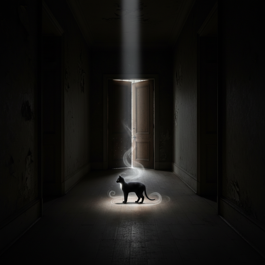 A dim corridor in an old house, floorboards worn to a soft sheen, walls disappearing into darkness. At the far end, near a half-open door, a black cat with a luminous white chest stands in profile, caught in a thin vertical slice of moonlight from a high window. Wisps of faint, misty light curl around its paws as if dreams were seeping under the door. Photographic realism, long-lens compression, the cat placed on the lower third of the frame, strong contrast between inky shadows and that single silver beam. The mood is enigmatic, sophisticated, and gently uncanny, suggesting thresholds between waking and dream.