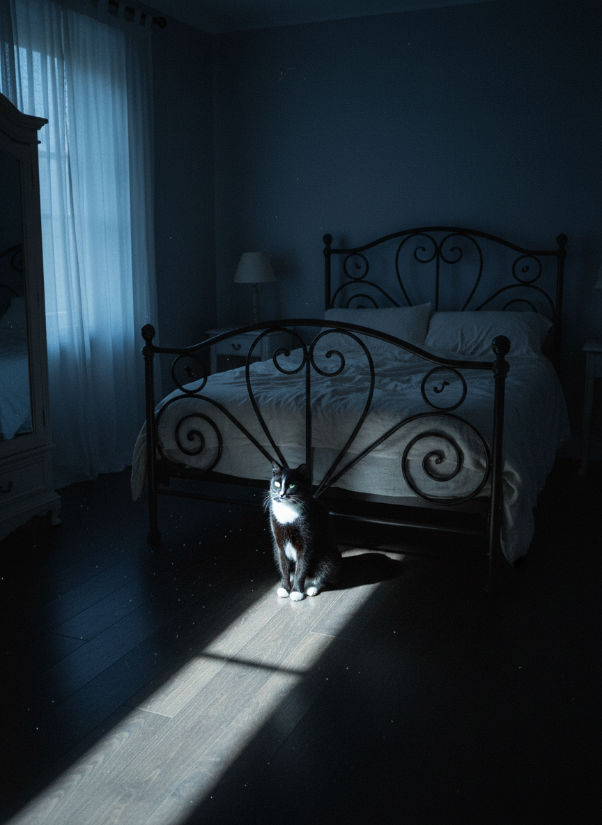 A narrow bedroom bathed in blue-black night, with a large wrought-iron bed covered in pale linen. At the foot of the bed, a black cat with a white lunar patch on its chest sits upright, gaze directed toward an invisible dream. Moonlight spills through half-drawn curtains, forming a luminous path across the floorboards to the cat’s paws. Dust motes shimmer in the beam, while the rest of the room fades into velvety shadow. Photographic realism, slightly elevated angle, subtle filmic grain, emphasizing quiet mystery, nocturnal calm, and the sense that dreams are tangible in the air.