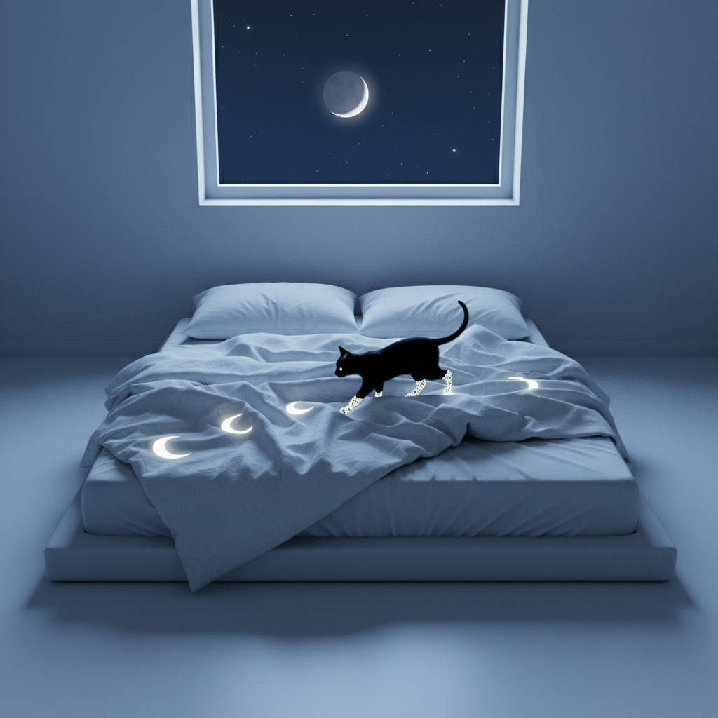 A minimalist bedroom with pale walls and a single low bed, unmade, its white sheets gathered like waves. At the center of the bed, a black cat with white lace-like paws is stepping delicately across the crumpled fabric, leaving behind faint, ephemeral luminous prints that glow like tiny moons before fading. The only light comes from a large window framing a half-moon and a few bright stars, casting cool, directional light across the scene. Photographic realism, wide shot from a slightly elevated angle, emphasizing negative space and the quiet sophistication of the setting, symbolizing the cat’s silent work shaping dreams.