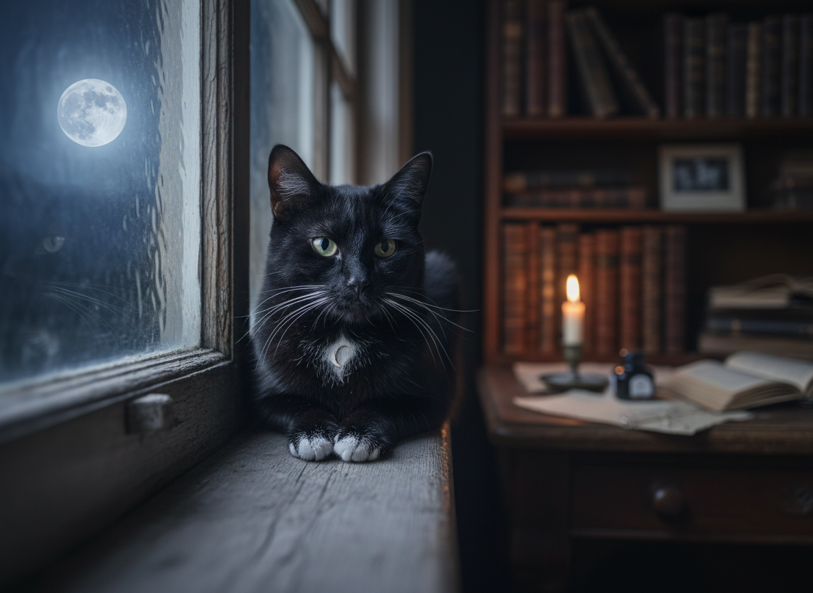 A sleek black cat with ink-dark fur and a small white crescent on its chest, like a fragment of moonlight, lying alert on an antique wooden windowsill at night. Outside, a full moon hangs low, its cold silver glow pouring through rippled glass and tracing the cat’s elegant whiskers and lace-like white paws. The room behind is blurred: shelves of worn books, a faintly glowing candle, scattered handwritten pages. Photographic realism, shot at eye level with a shallow depth of field, moonlight as the primary light source, creating long, soft shadows and a hushed, sophisticated, dreamlike atmosphere suitable for a literary blog homepage hero image.